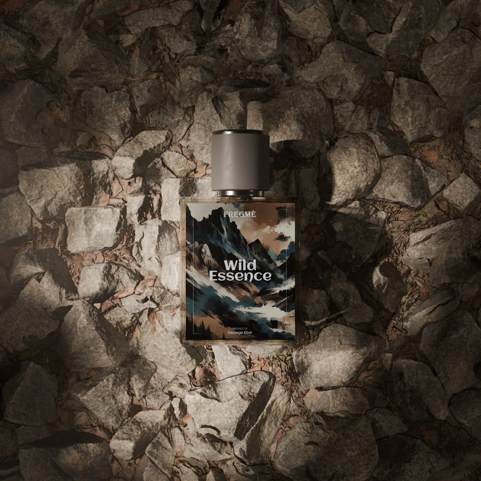 FREGME Wild Essence perfume bottle in a natural environment
